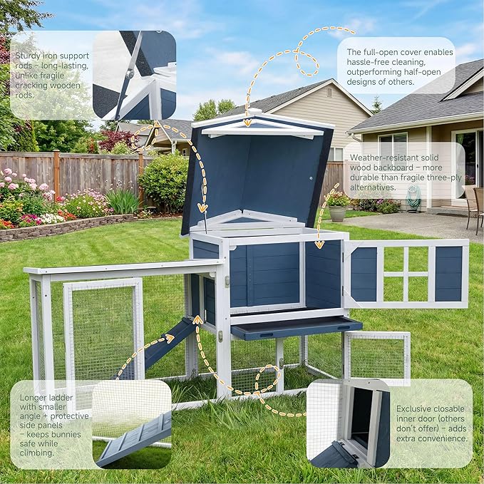 Large Outdoor Rabbit Hutch with Waterproof Asphalt Roof, 54.7” x 24.2” x 34” Wooden Bunny Cage for 2 Rabbits, Guinea Pigs & Chickens, Easy-Clean Pull-Out Tray & Anti-Rust Metal Door
