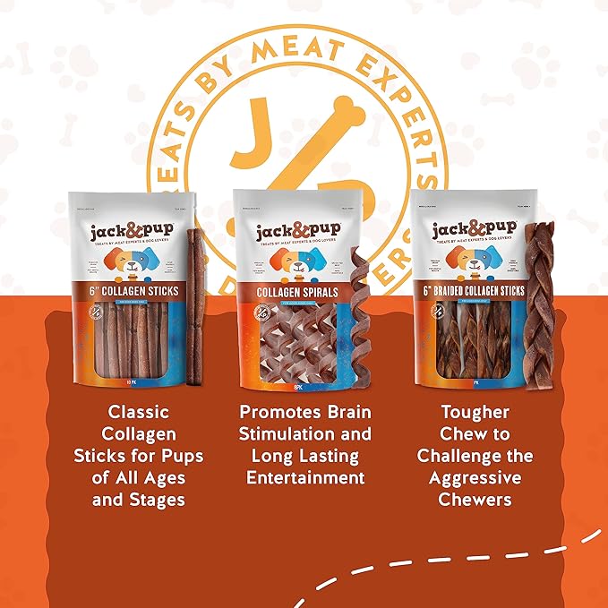 Jack&Pup 6" Braided Beef Collagen Sticks for Dogs | Rawhide Free Dog Chews Long Lasting | Single Ingredient Healthy Dog Treats for Medium Dogs | Bully Stick Alternative (8 Pack)