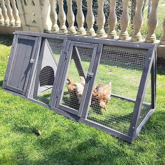 Rabbit Hutch Outdoor Chicken Coop Wooden A-Frame Small Animal Cage Quail Cage w/Chicken Run & Ventilated Wire Fence Suitable for Garden Backyard Farms 47 x 18 x 19.5 in (Grey)