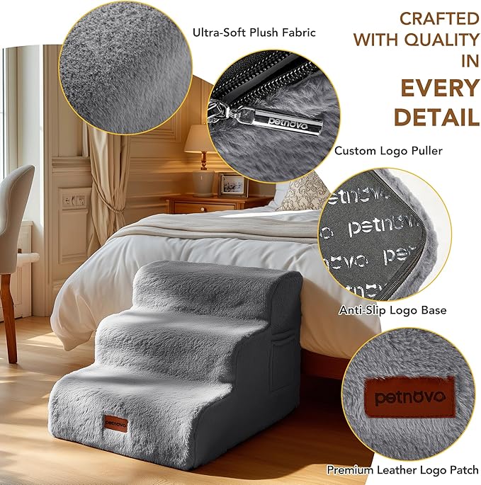 PETNOVO Ultra-Soft Rabbit Fur-Like Dog Stairs for Couch/Bed, Luxury Comfort 2-Step for Small & Senior Dogs, Non-Slip, Removable Washable Cover, Oeko-TEX Certified, 15.7" D x 15.7" Wx 11.8" H, Gray