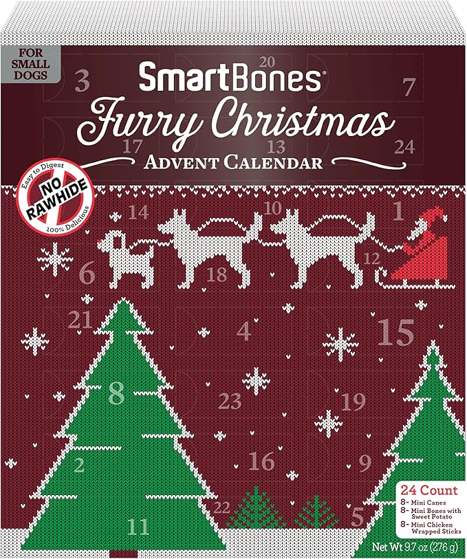 SmartBones Furry Christmas Advent Calendar Chews for Small Dogs, 24 Count, Treat Your Dog to Easy-to-Digest, Rawhide-Free Mini Bones, Candy Canes and Mini Sticks