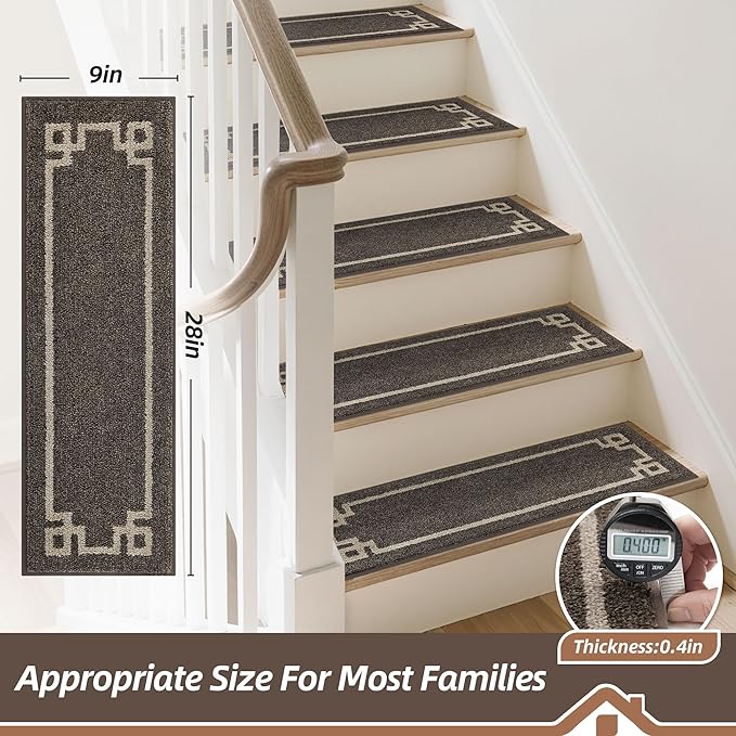 BEQHAUSE Stair Treads for Wooden Steps Non Slip Washable 15Pack Carpet Stair Treads with Reusable Residue Free Backing Soft Polyester Stair Rugs Indoor for Kids Elders and Dogs 9”x28”,Brown