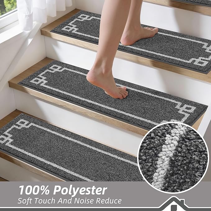 BEQHAUSE Stair Treads for Wooden Steps Non Slip Washable Carpet Stair Treads with Reusable Residue Free Backing Soft Polyester Stair Mats Indoor for Kids Elders and Dogs 9”x28”,4pcs,Dark Grey