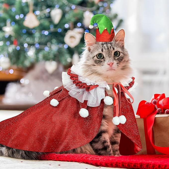 KOUPA Pet Christmas Costume with Hat, Dog Halloween Clothes Cosplay Wizard Cloak for Small Puppy Kitten Animal, Shiny Cat Outfit Suit for Party Holiday, Red