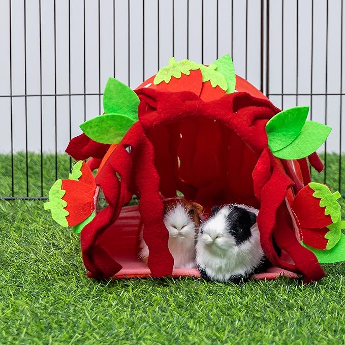 Guinea Pig Hideout - Soft Fleece Tunnel House for Rat Hamster Hedgehog Chinchilla Squirrel Samll Animals - Cute Strawberry Shapes Bedding Cage Accessories for Sleeping Rest Playing