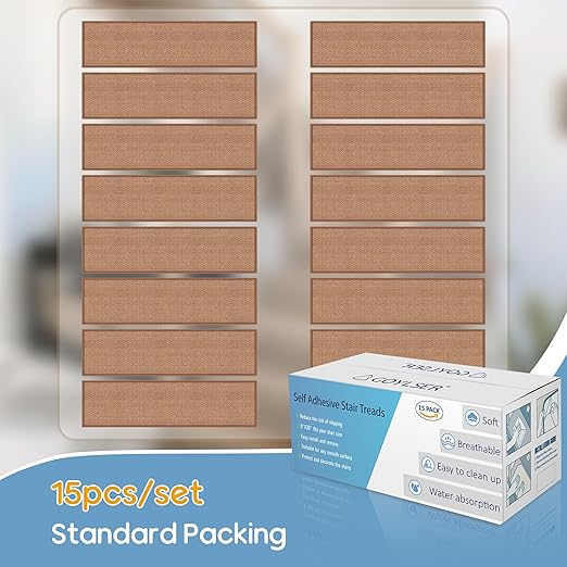 GOYLSER Peel and Sticker Jute Stair Treads Non Slip for Wooden Steps Indoor, 15 Pack Rubber Backed Stair Pads Rug, Removable Khaki Adhesive Staircase Mat Step Cover Traction, Camel