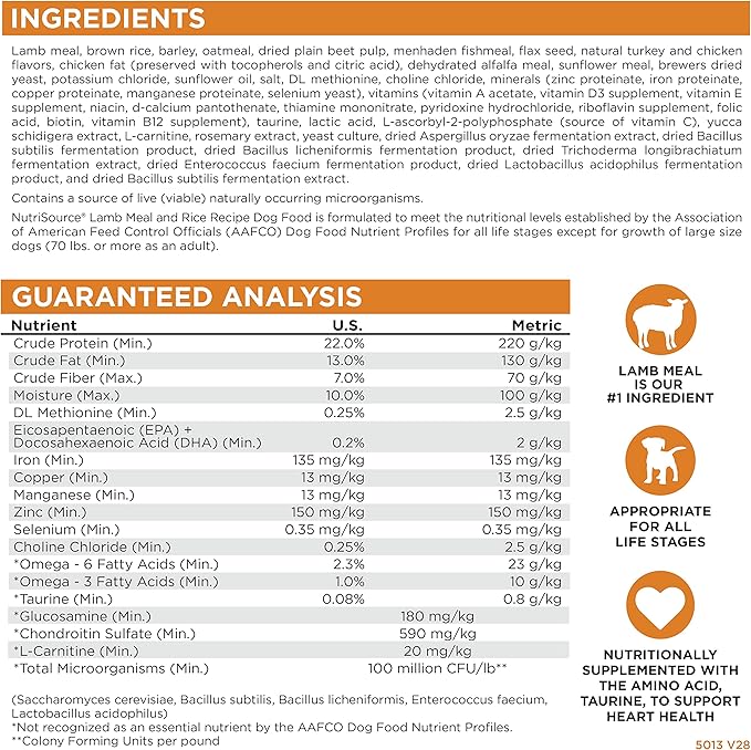 NutriSource Adult Dog Food, Made with Lamb & Rice, with Wholesome Grains, 15LB, Dry Dog Food