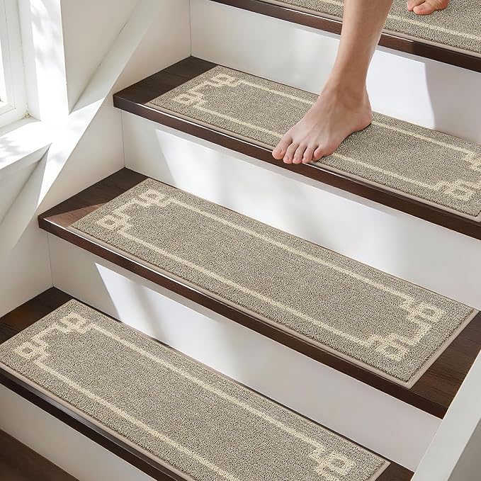 BEQHAUSE Stair Treads for Wooden Steps Non Slip Washable Carpet Stair Treads with Reusable Residue Free Backing Soft Polyester Stair Rugs Indoor for Kids Elders and Dogs 9”x28”,4pcs,Taupe
