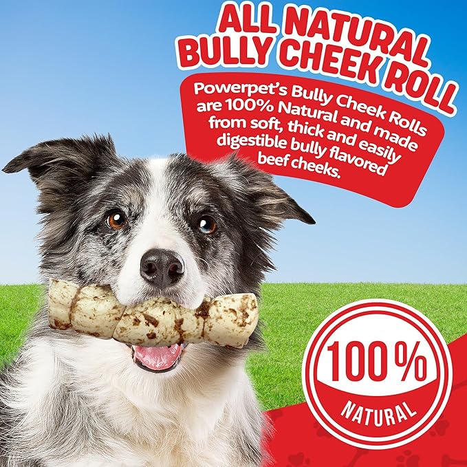 Powerpet Treats Bully Beef Cheek Rolls for Dogs - 100% Natural & Highly Digestible - High Protein, Low Fat - No Rawhide - Soft & Thick Chew Treat - Good Dental Hygiene - Bully Sprinkled Flavor - 1pc