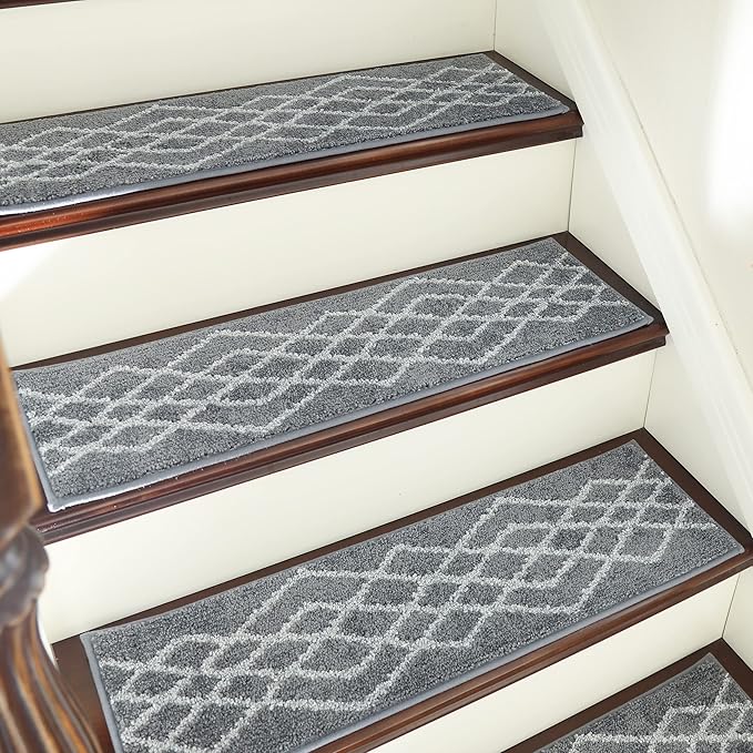 COSY HOMEER Soft Stair Treads 15pcs Non-Slip Carpet Mat 28inX9in Indoor Stair Runners for Wooden Steps,Stair Rugs for Kids and Dogs, 100% Polyester TPE Backing Grey,Rhombus