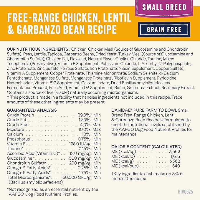 Canidae Pure Farm to Bowl Small Breed, Free-Range Chicken, Lentil & Garbanzo Bean Recipe, 4 lbs.
