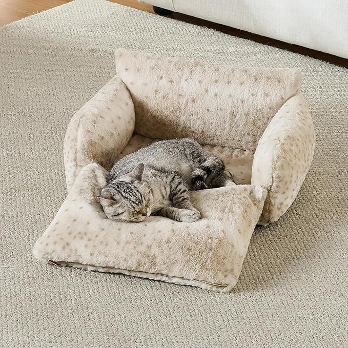 Hollypet Cat Bed Fluffy Plush Mutifuctional Double-Layer Soft Pet Couch Orthopedic Sofa Nest Beds for Small Cats and Dogs, Leopard (21x15x8 inch)
