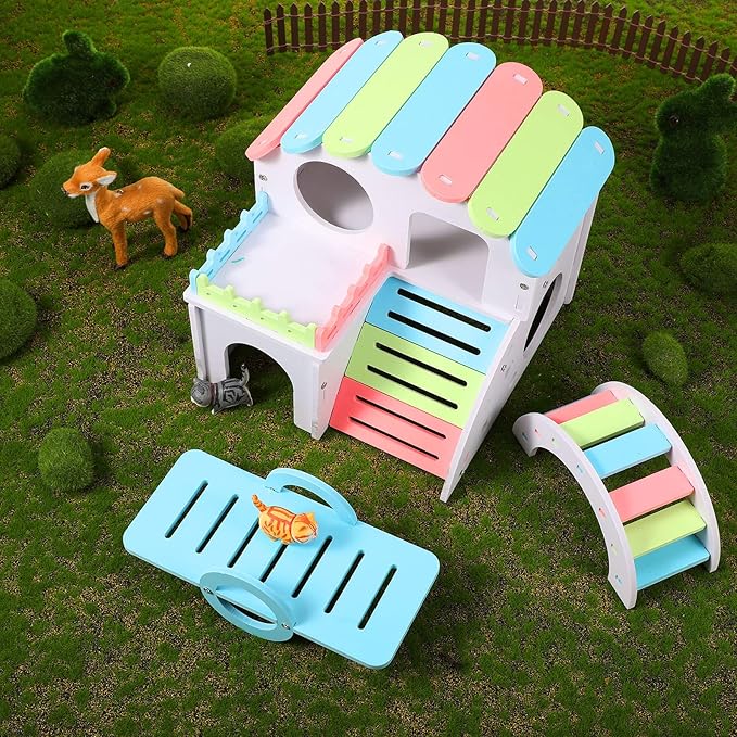 3 Pieces Fun Hamster Guinea Pig Hideout Kit Include PVC Hamster House, Rainbow Bridge, Seesaw DIY Exercise Playhouse for Rats Mouse Small Animals(Large,Rainbow Color)