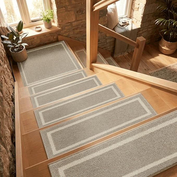 COSY HOMEER Soft Stair Treads 15pcs Non-Slip Carpet Mat 28inX9in Indoor Stair Runners for Wooden Steps,Stair Rugs for Kids and Dogs, 100% Polyester TPE Backing Beige