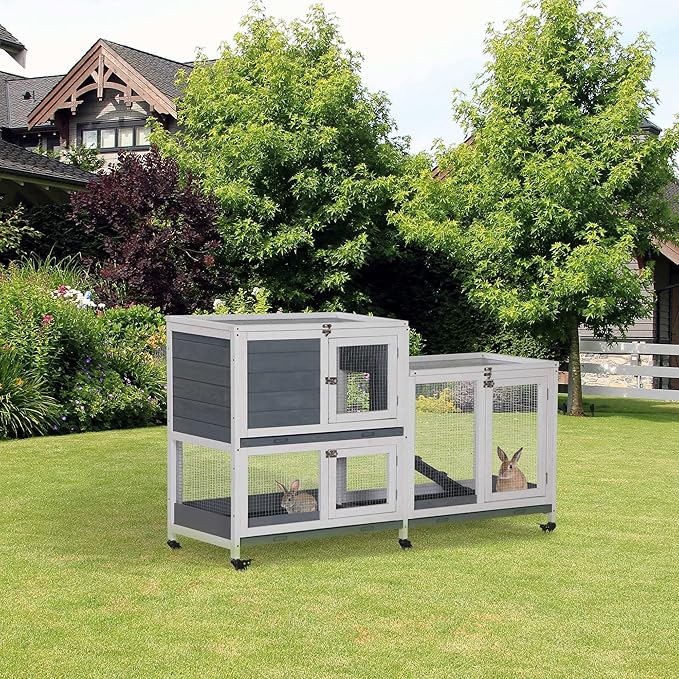 PawHut Wooden Rabbit Hutch Bunny Hutch Elevated Pet House Cage Small Animal Habitat with No Leak Tray Lockable Door Openable Top for Indoor 57.75" x 18" x 32.5" Grey