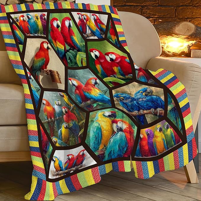 Parrot Bird Throw Blanket Macaw Stuff Gifts for Kids Girls Boys Adults Women Men Soft Cozy Warm Plush Fluffy Fuzzy Fleece Blanket Decor 60''X80''
