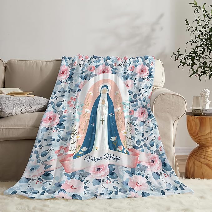Virgin Mary Throw Blanket Christian Religious Scripture Catholic Spiritual Stuff Gifts for Adults Women Soft Cozy Warm Plush Fluffy Fuzzy Fleece Blanket Decor 60''X80''