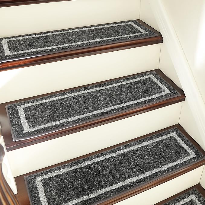COSY HOMEER Soft Stair Treads Non-Slip Carpet Mat 28inX9in Indoor Stair Runners for Wooden Steps,Stair Rugs for Kids and Dogs, 100% Polyester TPE Backing 10pcs,Black