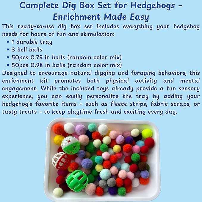 Dig-Box Tray For Hedgehog Cage With Ball Toy, Funny Dig-Box Tray Toys for Hedgehogs, Ball Bell Toy for Hamster Ferret Kitten Cat, Hedgehog Accessories, Small Animal Accessories (White, 8.4*5.9*1.6in)