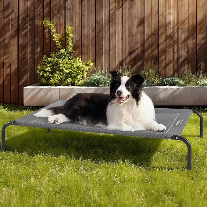Bedsure Outdoor Elevated Dog Bed Large Sized Dog, Portable Indoor & Outdoor Cooling Raised Cot Pet Hammock Bed with Skid-Resistant Feet, Frame with Breathable Mesh, Grey, 49 inches