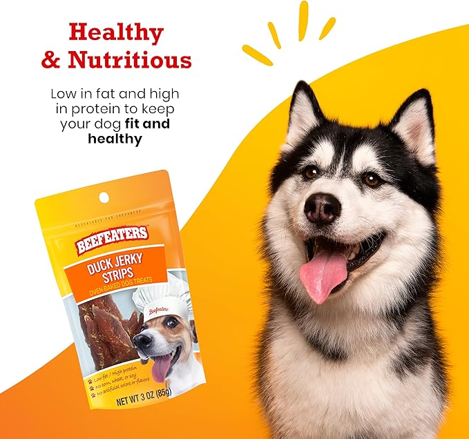 Beefeaters Duck Jerky Strips for Dogs 3oz (Pack of 6), Oven-Baked High Protein Dog Treats Duck Jerky - Low Fat Grain-Free Dog Snacks - No Corn, Wheat or Soy - Chewy Jerky Treats for Training & Rewards