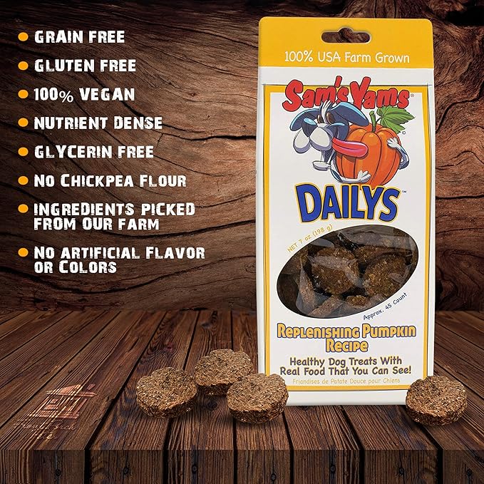 Front Porch Pets Sam's Yams Daily's Replenishing Pumpkin Recipe Dog Treats, Healthy Dog Snacks for Large, Medium or Small Breed Dogs, Vegan Sweet Potato Dog Chews Made in USA - 7 Ounce