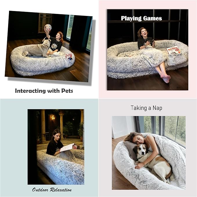 Human Dog Bed for Adults and Pets, 72"x46"x9" Extra-Large Comfortable Bed with Storage Pocket and Soft Blanket, Washable and Waterproof (Gray, XXX-Large)