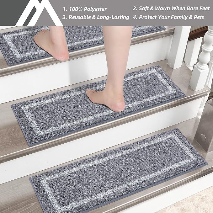 COSY HOMEER Soft Stair Treads Non-Slip Carpet Mat 28inX9in Indoor Stair Runners for Wooden Steps, Stair Rugs for Kids and Dogs, 100% Polyester TPE Backing 4pcs, Grey