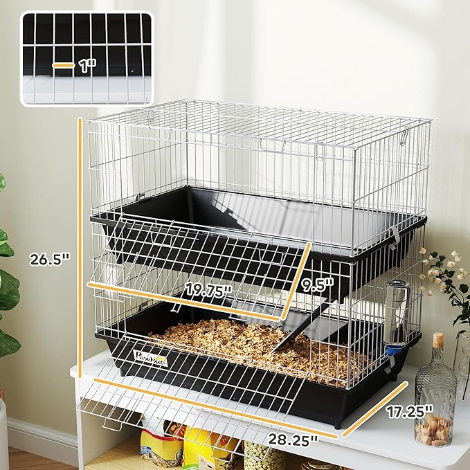 PawHut 2-Tier Small Animal Cage, Chinchilla Ferret Cage Indoor with Dish and Bottle, 2 Doors, Deep Bottoms, Ramp, 28", Black