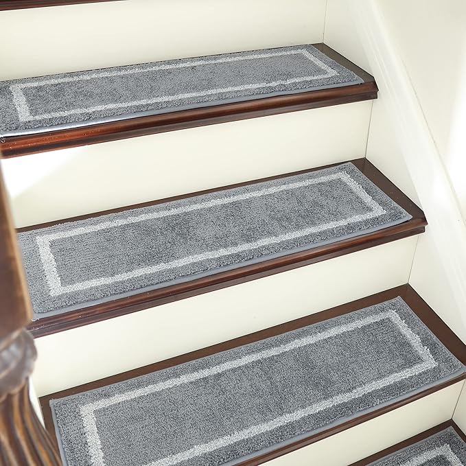 COSY HOMEER Soft Stair Treads Non-Slip Carpet Mat 28inX9in Indoor Stair Runners for Wooden Steps, Stair Rugs for Kids and Dogs, 100% Polyester TPE Backing 7pcs,Grey