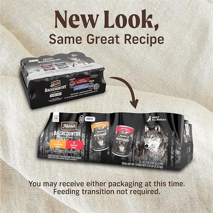 Merrick Backcountry Grain Free Premium Canned Dog Food, Variety Pack, Real Beef and Chicken Dinner Recipes - (Pack of 12) 9.5 lb. Cans