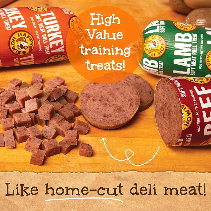 Happy Howie's Soft Meat Roll Treat - Soft Dog Food Rolls, Natural Ingredients, for All Dogs, Made in USA - Beef, Lamb, Turkey, 7 Oz (Pack of 6)