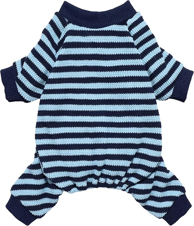 Fitwarm Blue and White Striped Dog Pajamas, Waffle Dog Clothes for Small Dogs Girl Boy, Puppy Onesie with Feet, Pet Cat Outfit, Small