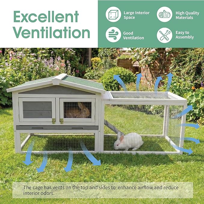 Garvee Wooden Rabbit Hutch Indoor and Outdoor, Rabbit Cage with Removable Wire Netting and Leak Proof Tray, Weatherproof Bunny Cage with Anti-Chew Metal Frame Ramp for Small Animals Grey
