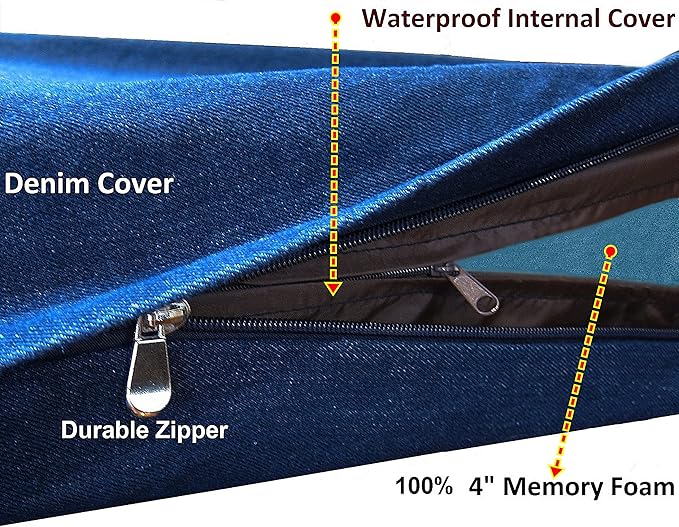 Dogbed4less Orthopedic Gel Cooling Memory Foam Dog Bed with Waterproof Liner and External Durable Denim Cover for Small to Medium Pet 35X20X4 Inches