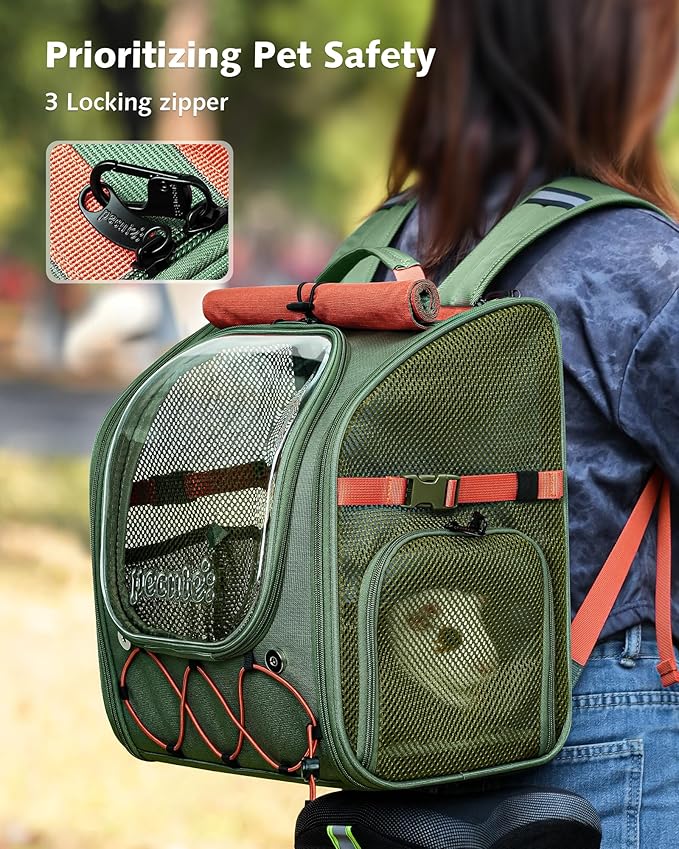 Pecute Small Pet Carrier, Breathable Guinea Pig Carrier with Transparent Bubble & Steel Frame, Safety Lock for Hamster, Rabbit, Bearded Dragon, Lizard, Ideal for Hiking, Vet Visits, Camping, Green