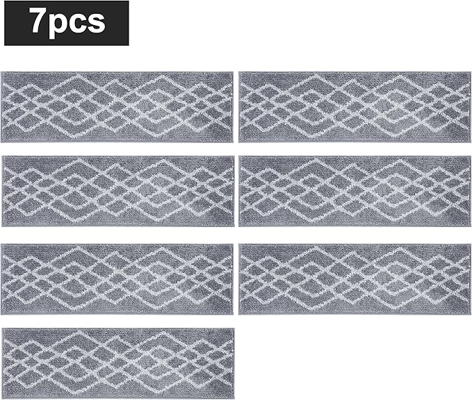 COSY HOMEER Soft Stair Treads Non-Slip Carpet Mat 28inX9in Indoor Stair Runners for Wooden Steps,Stair Rugs for Kids and Dogs, 100% Polyester TPE Backing 7pcs,Grey,Rhombus