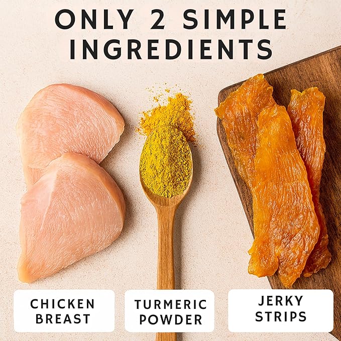 Chicken Jerky Dog Treat -Turmeric Infused Natural Chicken Strips, Single Ingredient Healthy Dog Treats, USA Made Gently Dried High Protein Snacks With No Artificial Additives (10 Oz - 283g)