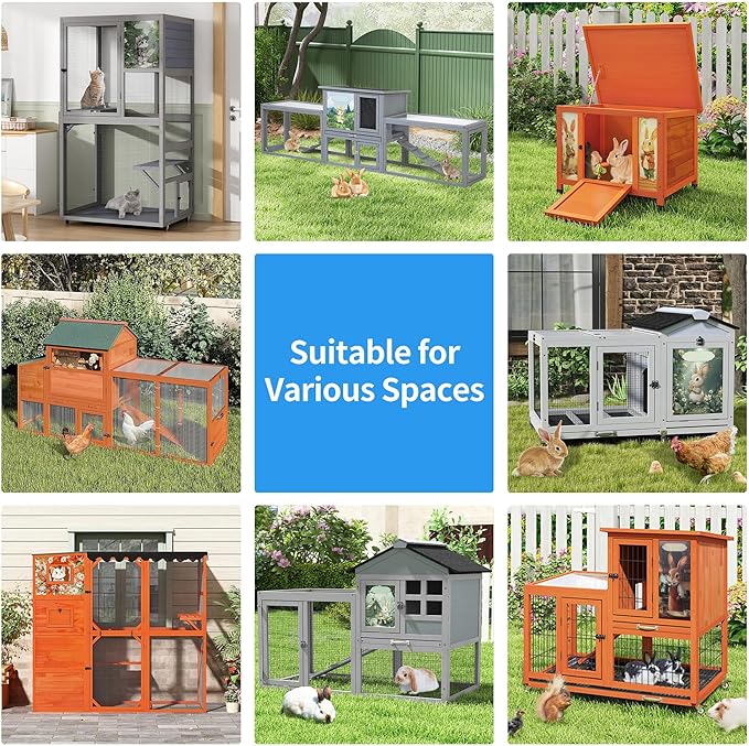COZIWOW 39IN Heated Rabbit Hutch with Wheels, Insulated Indoor/Outdoor Bunny Cage House with Cleaning Tray, Sun Panel & Animal Pattern, Spacious Rabbit Cage for 1-2 Bunnies, (Grey & Air Purifier)