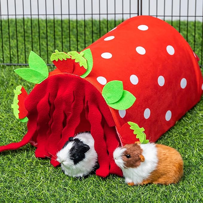 Guinea Pig Hideout - Soft Fleece Tunnel House for Rat Hamster Hedgehog Chinchilla Squirrel Samll Animals - Cute Strawberry Shapes Bedding Cage Accessories for Sleeping Rest Playing