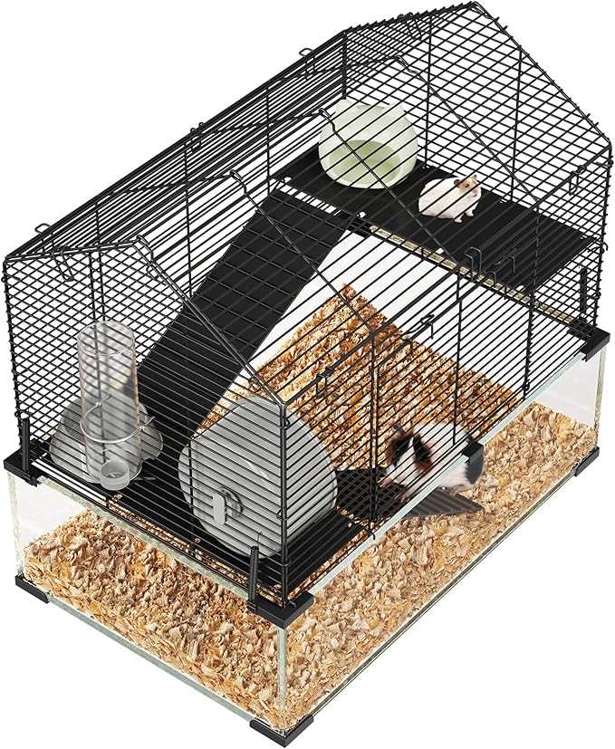 3-Tier Large Hamster Cage, 360° View Metal Guinea Pig Cage with Deep Glass Base, Platforms, Ramps, Running Wheel, Water Bottle, Tool-Free Snap-on Assembly, Rat Cage for Syrian Dwarf Hamster Gerbil