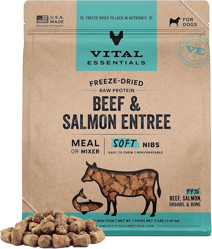 Vital Essentials Freeze Dried Dog Food, Raw Beef & Salmon Soft Nibs | Complete Meal or Topper | 99% Beef, Salmon, Organs & Bone | High Protein, Grain Free Dry Dog Food | 3 lb Bag