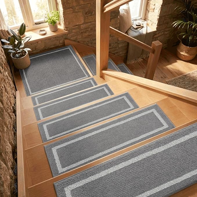 COSY HOMEER Soft Stair Treads Non-Slip Carpet Mat 28inX9in Indoor Stair Runners for Wooden Steps, Stair Rugs for Kids and Dogs, 100% Polyester TPE Backing 4pcs, Grey