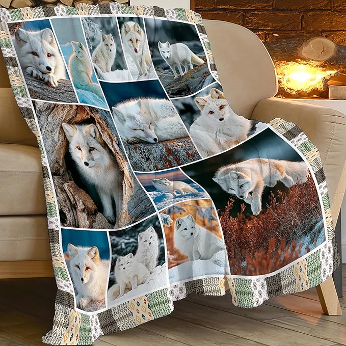 Fox Throw Blanket White Fox Stuff Gifts for Kids Girls Boys Adults Women Men Soft Cozy Warm Plush Fluffy Fuzzy Fleece Blanket Decor 60''X80''