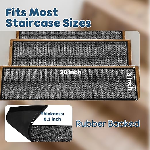 GOYLSER Peel and Stick Adhesive Stair Treads for Wooden Steps Indoor Set of 15 Pack, Rubber Backed Non Slip Jute Stair Rug Step Pads for Pet Dog, Elders and Kids, Black