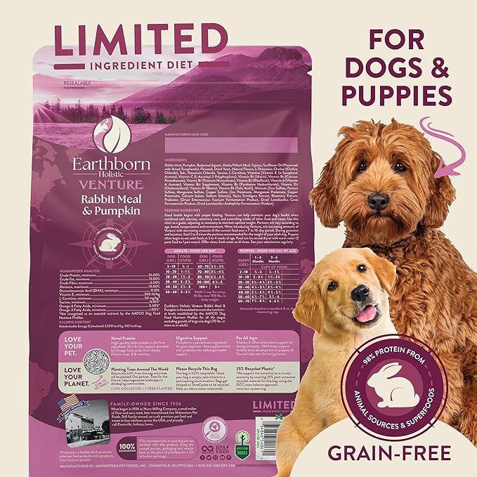 Earthborn Holistic Venture Rabbit Meal & Pumpkin Limited Ingredient Diet Grain Free Dry Dog Food, 4 lbs.