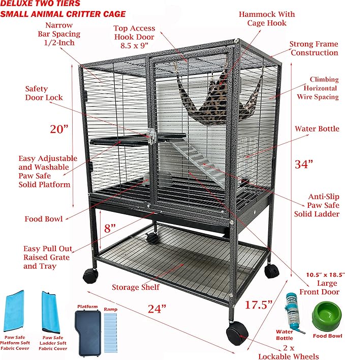 2-Floors Large Ferret Hammock Chinchilla Guinea Pig Rabbit Mouse Small Animal Critter Home Rolling Cage Tight 1/2-inch Bar Spacing Easy Clean Pull Out Tray Storage Shelf On Wheels