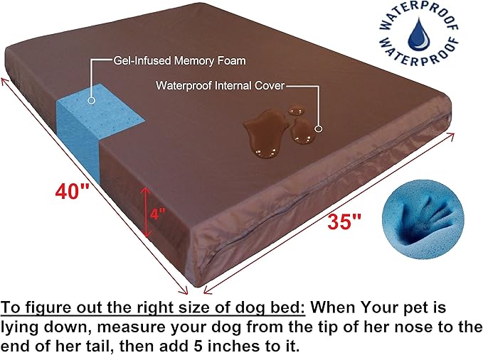 Dogbed4less Extra Large Orthopedic Gel Infused Memory Foam Dog Bed, Waterproof Liner and 1680 Nylon Brown External Cover, 40X35X4 Inch