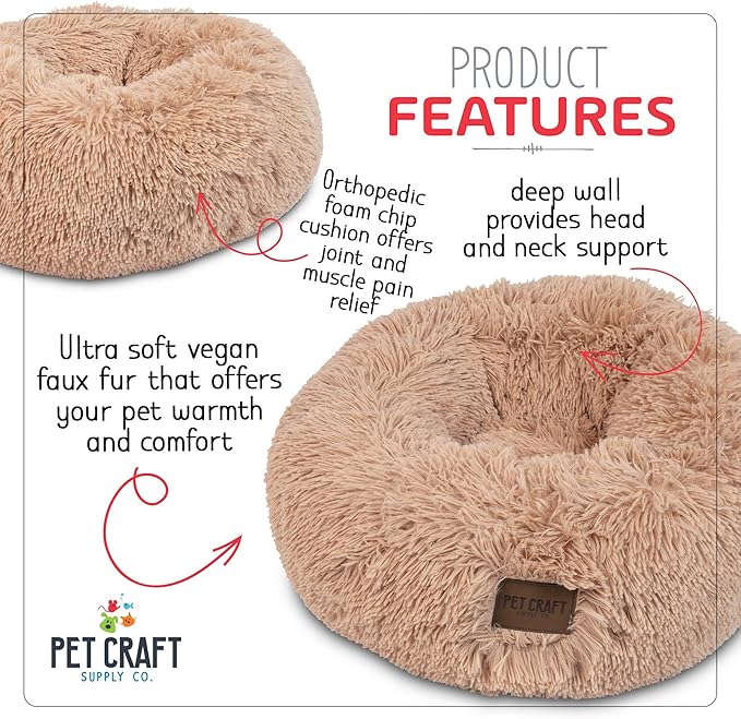 Pet Craft Supply Ultra Plush Calming Anti-Anxiety Pet Bed - Includes Super Soft Comfort Blanket - Great Medium Dog Bed Small Dog and Cat Bed;Cream