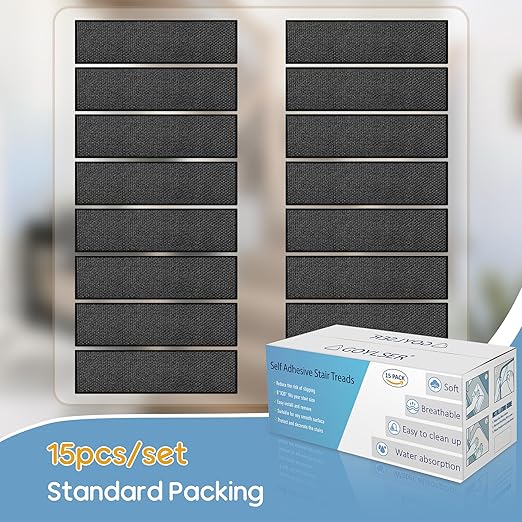 GOYLSER Peel and Stick Adhesive Stair Treads for Wooden Steps Indoor Set of 15 Pack, Rubber Backed Non Slip Jute Stair Rug Step Pads for Pet Dog, Elders and Kids, Black